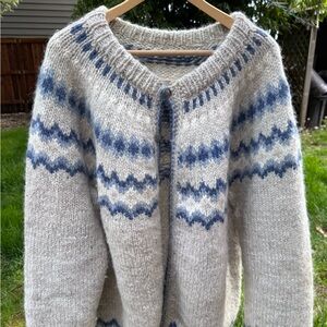 Cozy Irish Knit Cardigan with Blue Pattern